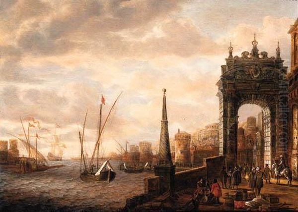 A Capriccio Of A Mediterranean
Harbour With Merchants Andtravellers On A Quay By A Gate, Galleys And
Other Shippingbeyond - view 1