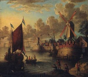 Figures Boarding A Smalschip In A Port With Fishermen On Theshore