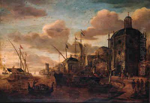 A Capriccio Of A Mediterranean
Harbour With Moored Vessels By Aquay, A Galley At Anchor Beyond - view 1