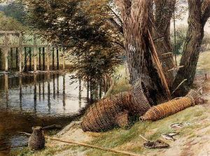 Eel Pots, On The Banks Of A River by Myles Birket Foster
