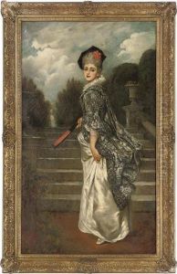 Portrait Of An Elegant Lady, 
Full-length, In A White And Blue Silk Dress, Holding A Fan, In A Garden