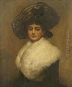 Portrait Ofa Lady, Half Length, Wearing Lace Trimmed Hat And Fur Cape