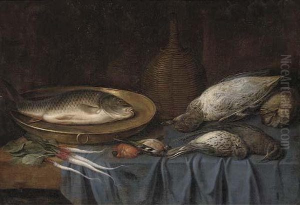 Dead Birds, A Fish On A Copper 
Platter, A Bottle Of Wine And Rootvegetables On A Draped Table - view 1