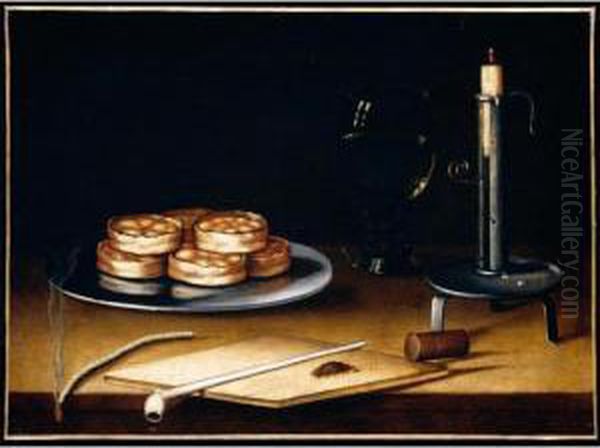 Still Life With Pies On A Pewter
Plate, A Roemer, A Candle, A Pipe And A Roll Of Tobacco, All Upon A
Wooden Table - view 1