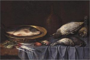 Still Life Of A Carp In A Dish With A Duck, Birds, A Radish And A Decanter