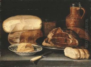 A Ham On A Pewter Dish, A Cheesestack, A Jug, A Glass by Sebastien Stoskopff