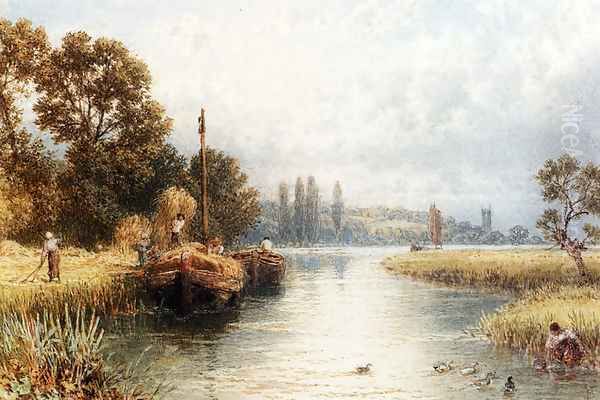 Loading The Hay Barges, With A Young Woman Taking Water From The River In The Foreground - view 1