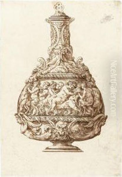 Design For A Flask With The Drunken Bacchus Riding A Panther Withsatyrs And Putti - view 1