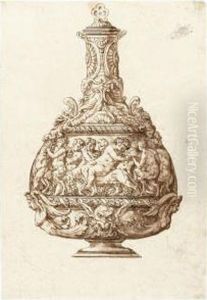 Design For A Flask With The Drunken Bacchus Riding A Panther Withsatyrs And Putti by Jacopo Strada