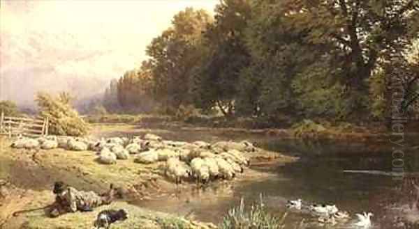 Shepherd and his Flock by a River - view 1