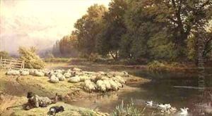 Shepherd and his Flock by a River by Myles Birket Foster
