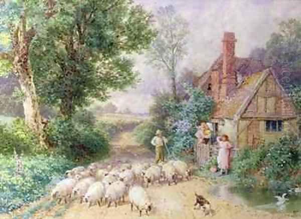 Shepherd and his flock passing a country cottage - view 1