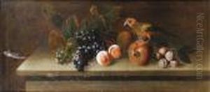 A Parrot With Grapes, Peaches, Plums And Apomegranate On A Table-top