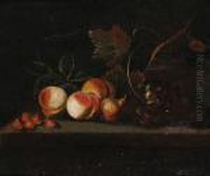 Still Life Of Peaches, Strawberries And Grapesresting On A Ledge