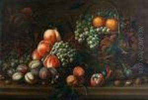 Still Life Of Grapes, Peaches, Plums Andwalnuts On A Ledge