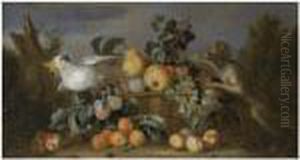 A Still Life With Pears,
Apricots And Peaches In A Basket With A Monkey And A Cockatoo In A
Landscape by Tobias Stranover