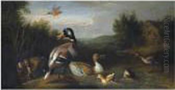 A River Landscape With Fowl Before A Cottage, A Church In The Distance Beyond - view 1