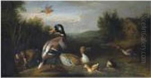 A River Landscape With Fowl Before A Cottage, A Church In The Distance Beyond by Tobias Stranover