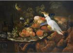 A Still Life With Grapes
Pommegranates, Peaches, Oranges And Other Fruit On Pewter Plates And A
Porcelain Bowl On A Table Draped With A Carpet Together With A
Sulphur-crested Cockatoo And A Finch by Tobias Stranover