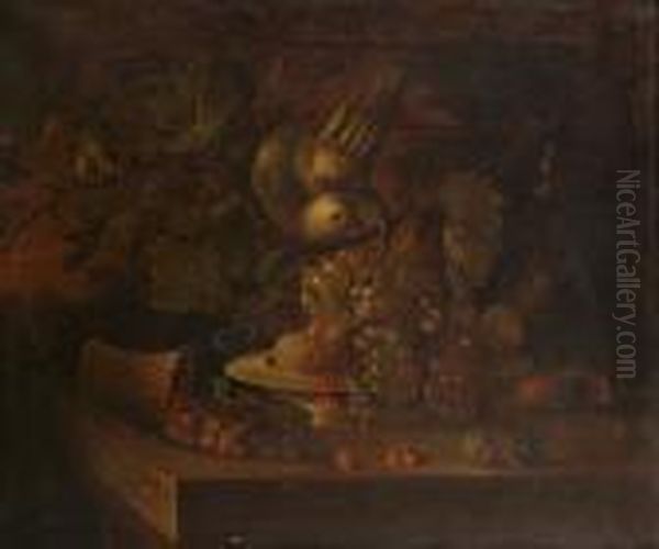 Grapes, Peaches And Redcurrants 
On A Salver With An Upturned Basket Of Strawberries And A Carafe Of Wine
 On A Ledge, A Parrot And A Goldfinch - view 1