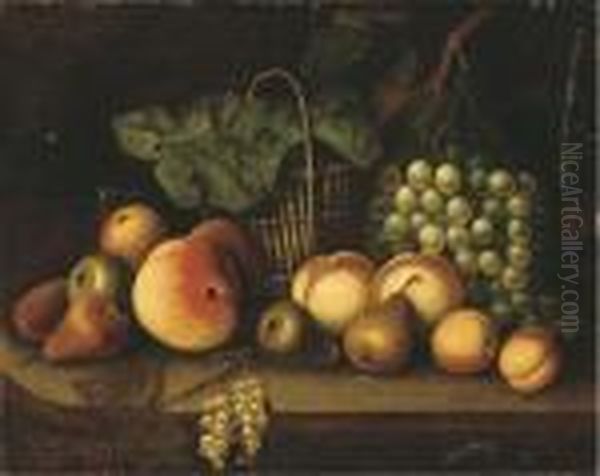 Grapes On The Vine, Pears, Peaches, A Wicker Basket And Other Fruiton A Ledge - view 1