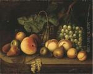 Grapes On The Vine, Pears, Peaches, A Wicker Basket And Other Fruiton A Ledge by Tobias Stranover