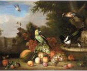 Still Life Of Fruit, A Parrot, A Magpie And Other Birds In A Park Setting by Tobias Stranover