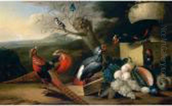 A Parkland Setting With
Pheasants, Parrots And Other Birds, Together With A Still Life Of Red
And White Grapes, A Melon, White Peaches And Plums - view 1