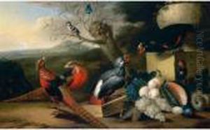 A Parkland Setting With 
Pheasants, Parrots And Other Birds, Together With A Still Life Of Red 
And White Grapes, A Melon, White Peaches And Plums by Tobias Stranover