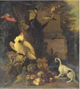 A Monkey, A Dog And Various Birds In A Landscape Among Ruins by Tobias Stranover