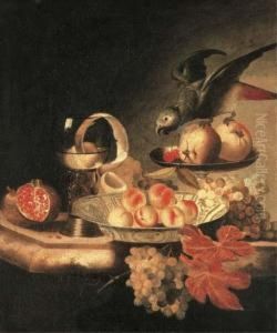A Wanli-kraak Porselein Bowl Of 
Peaches, A Peeled Lemon In Aroemer, Apples And Parakeet In A Tazza And A
 Pomegranate, Grapes Ona Ledge
