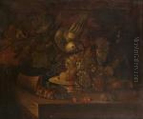 Grapes, Peaches And Redcurrants 
On A Salver, With An Upturned Basket Of Strawberries And A Carafe Of 
Wine On A Ledge With A Parrot And A Goldfinch - view 1