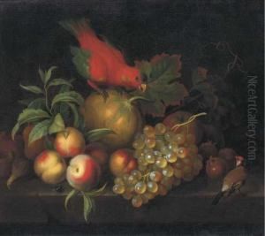 A Melon, Peaches, Grapes,
Medlars And Other Fruit With A Parrot Anda Goldfinch On A Ledge by Tobias Stranover