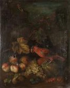 Peaches, Grapes, Plums, A Melon 
And Redcurrants With A Parrot And A Goldfinch, A Landscape Beyond
