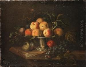 Peaches On A Silver Tazza With A Melon, An Apple, Grapes And Figs On A Stone Ledge by Tobias Stranover