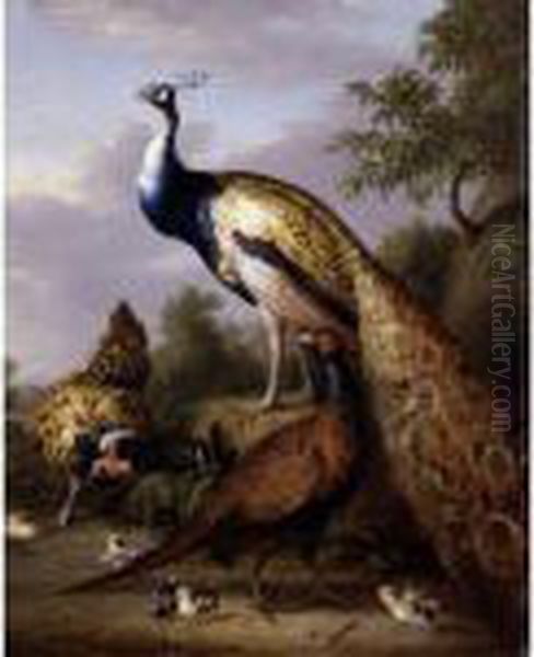 A Peacock,hen And Cock Pheasant In A Landscape by Tobias Stranover