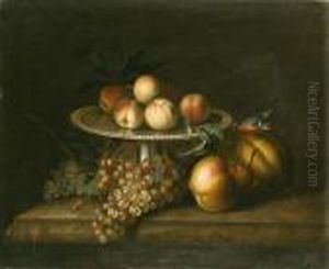 Peaches On A Silver Tazza, With Grapes, A Pear, A Melon And A Birdon A Marble Ledge by Tobias Stranover
