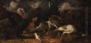 Peacocks With A Turkey, Chicken And Poults With A Goldfinch In Alandscape by Tobias Stranover