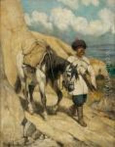 A Cosak Traveling On A Small Mountain Path On His Horse by Josef Anton, Tony Strassgschwandtner