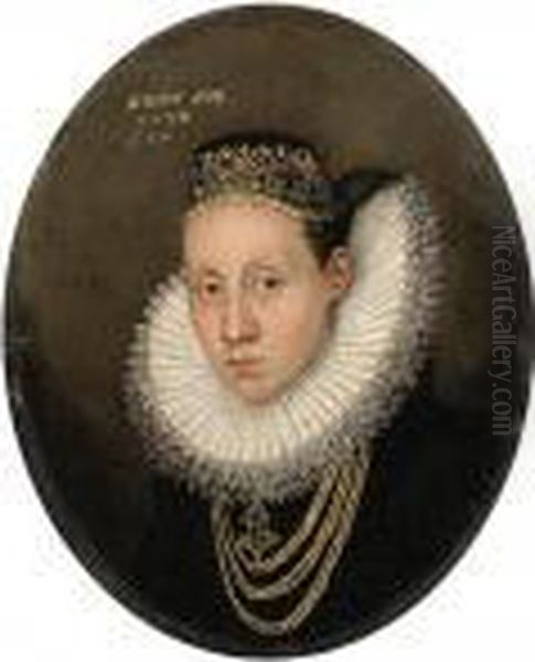 Portrait Of A Lady, Aged 27, Small Bust Length, In A White Ruff Andgold Embroidered Cap - view 1