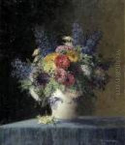 Sommerstraus In Westerwalder Krug Auf Blauem Tuch by Max Theodor Streckenbach