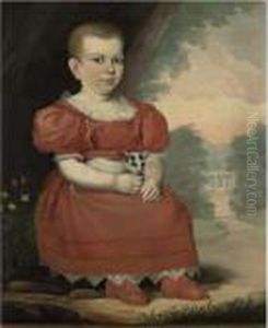 A Child In A Red Dress With Triangular Lace Petticoat, Holding A Kitten by Robert Street