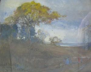 Landscape With Gypsy Caravans Travelling Along A Track With Treesand Water Beyond by Philip Eustace Stretton