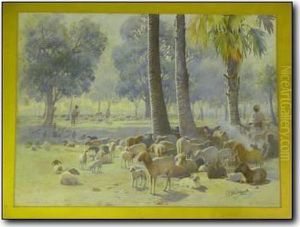 Northafrican Scene With Goat Herders Amongst Trees by Philip Eustace Stretton