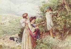 Children picking blackberries by Myles Birket Foster