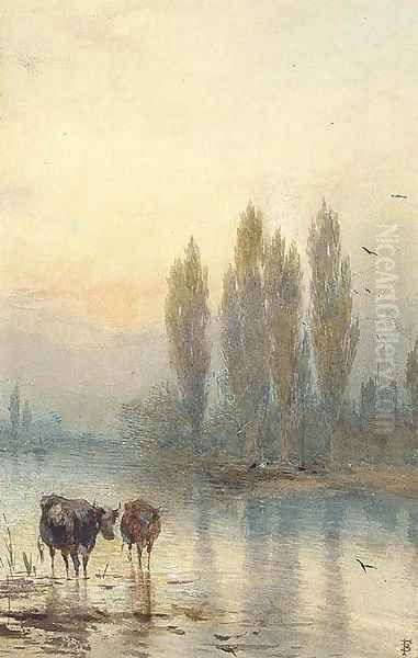 Cattle watering, evening - view 1