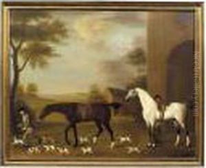 Two Hunters With Their Grooms Accompanied By Hounds Two Hunters With Their Grooms Accompanied By Hounds