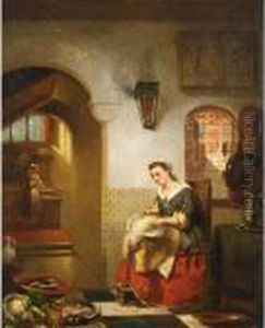 Women Preparing Dinner In A Kitchen Interior by Johannes Anthonie Balthasar Stroebel