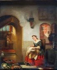 Interior Of A Kitchen With Maid Plucking A Chicken While Seated On A Chair