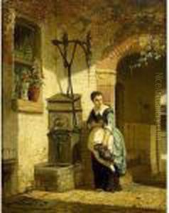A Kitchen Maid In A Courtyard by Johannes Anthonie Balthasar Stroebel